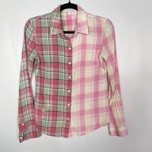 James Perse Womens 1 Small S Pink Bleached Plaid Button Up Shirt Cotton Linen